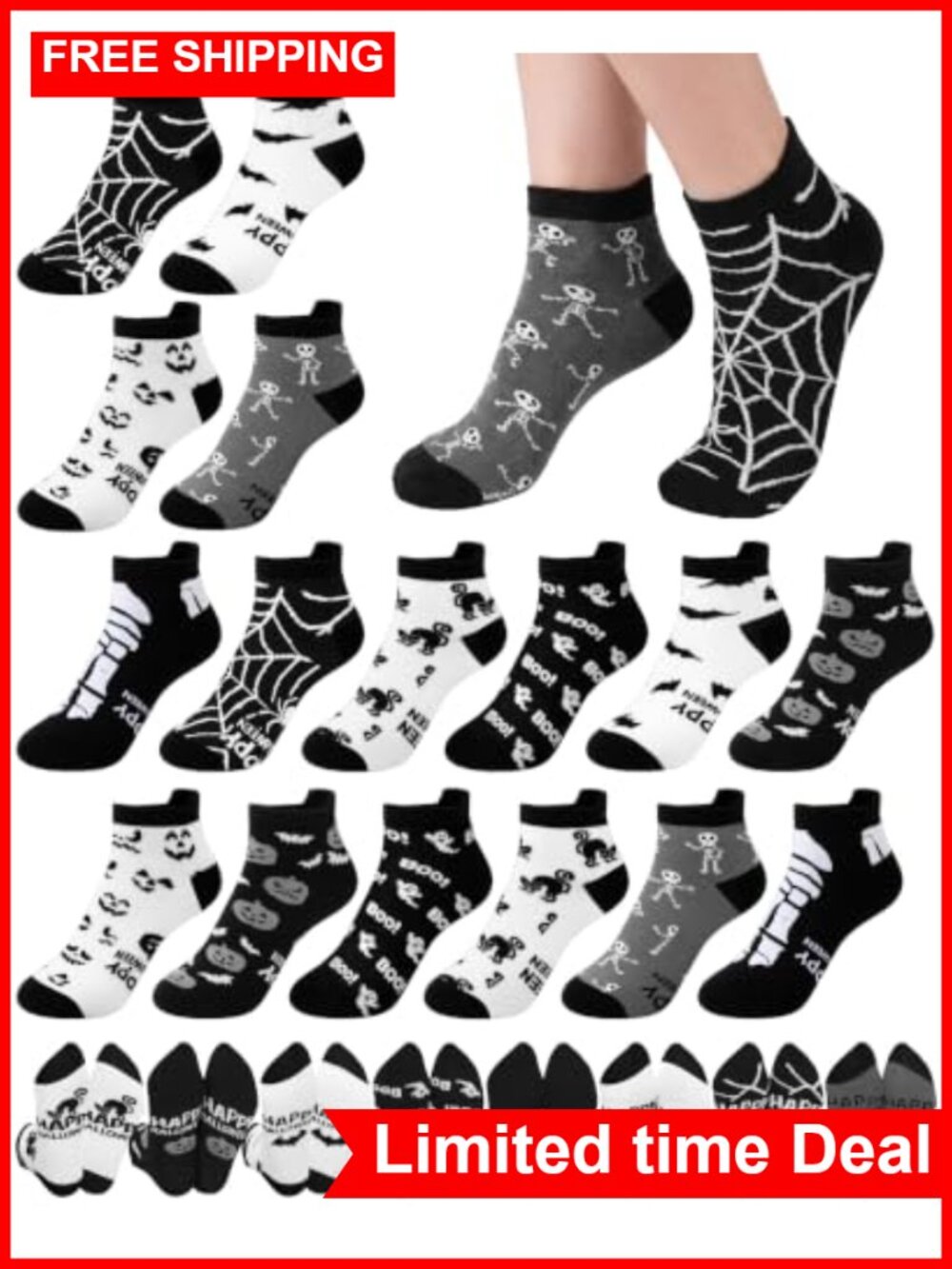 16 Pairs Halloween Ankle Socks for Women, Cotton Polyester Blend, Spooky Novelty
